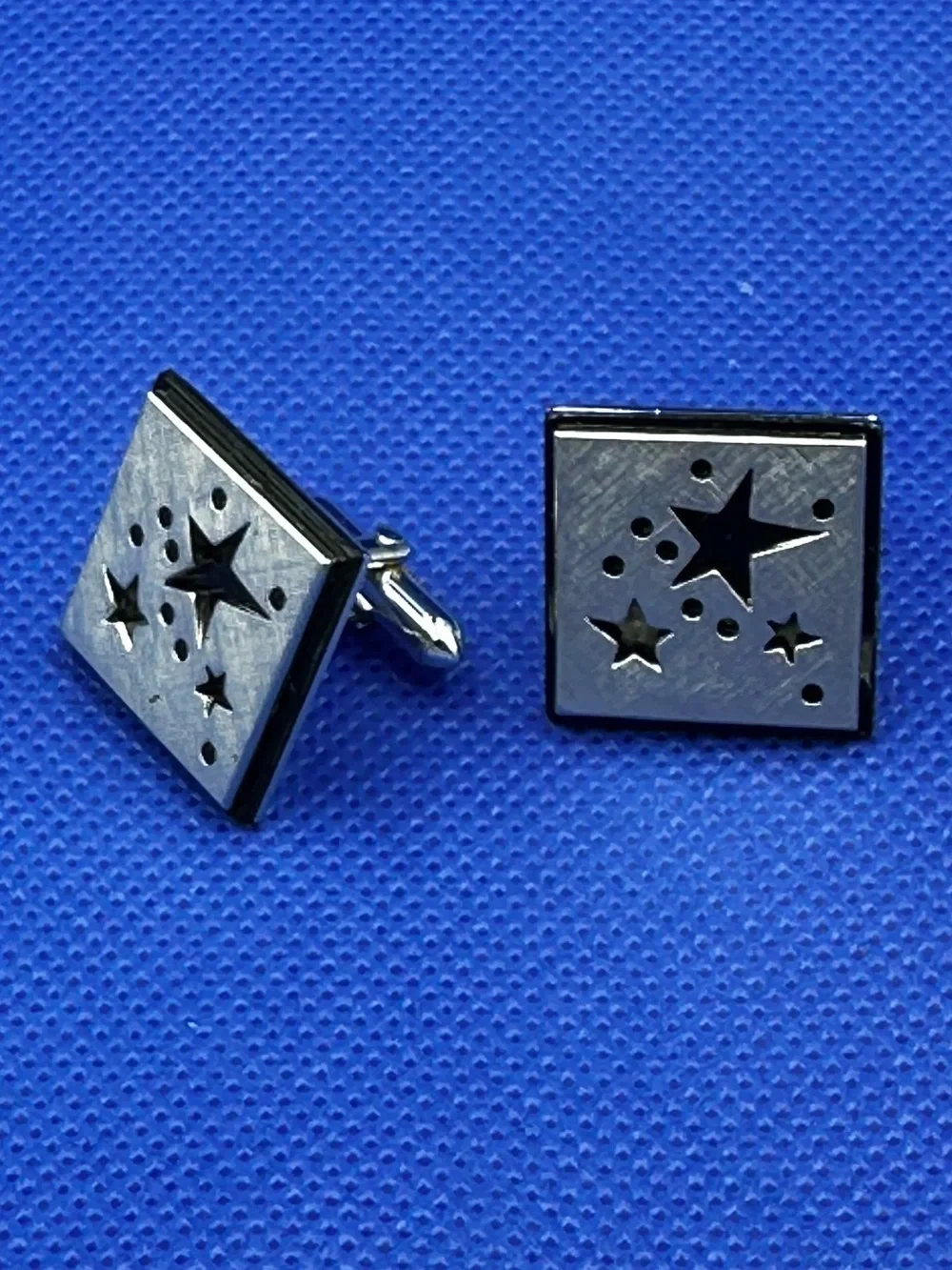 Swank Brushed Silvertone with Black Stars Cutout Square Cufflinks